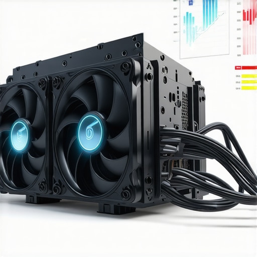 Futuristic AI-controlled cooling system with adaptive fans and thermal data visualization.