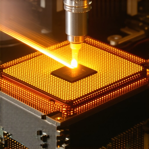 Close-up of thermal paste being applied precisely on a CPU surface using laser technology.