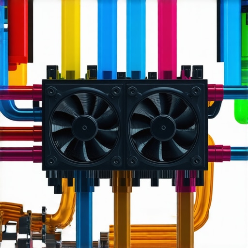 Close-up of high-end custom liquid cooling components with microfin radiators and sensors