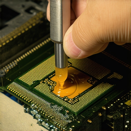 Technician carefully spreading liquid metal on CPU surface using specialized applicator.