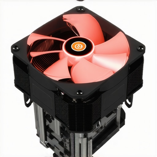 Close-up of a high-performance air cooler with heat pipes and large heatsink for optimal thermal dissipation