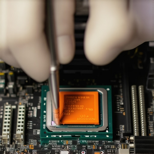 Technician applying thermal paste with calibrated tools on CPU surface for optimal heat transfer.