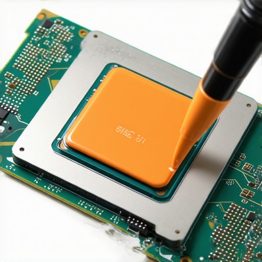 Close-up of technician applying thermal paste using a spreader on a CPU
