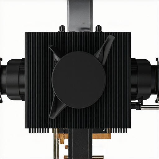 Close-up of a high-precision, spring-loaded CPU cooler mount with sensors and adjustable spacers illustrating micro-regulation of contact pressure.