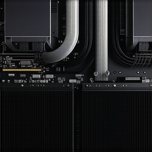 Illustration of a high-performance GPU cooling setup with water blocks, radiators, and thermal sensors.