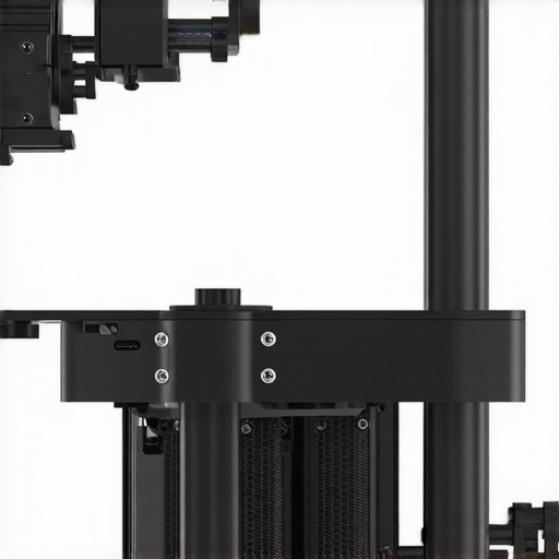 An illustration of a high-tech adaptive mounting mechanism with embedded sensors and micro-adjusters ensuring optimal contact with a triple-die CPU.