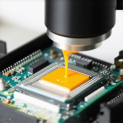 A robotic arm precisely applying nano-enhanced thermal paste onto a computer processor in a controlled environment.