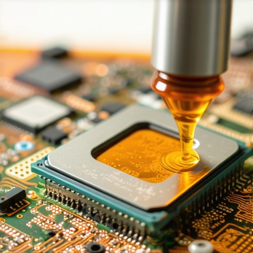 Liquid Metal Thermal Interface A detailed image showing liquid metal thermal interface on a computer processor core.