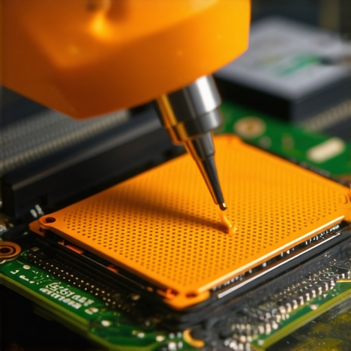 Nano-Textured Surface Preparation for Thermal Optimization Technician applying thermal paste with micro-tools on a CPU with textured surface.